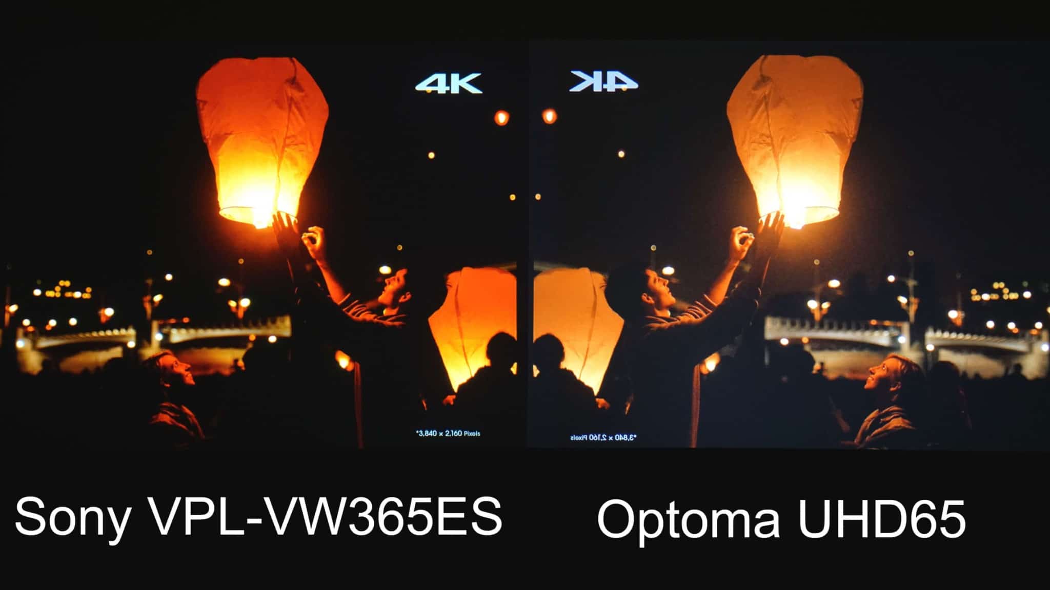 Sony VPL-VW365ES vs Optoma UHD65: Sony clearly has better blacks and brighter highlights. The Sony VPL-VW365ES is in low lamp mode and the Optoma is in its Highest.