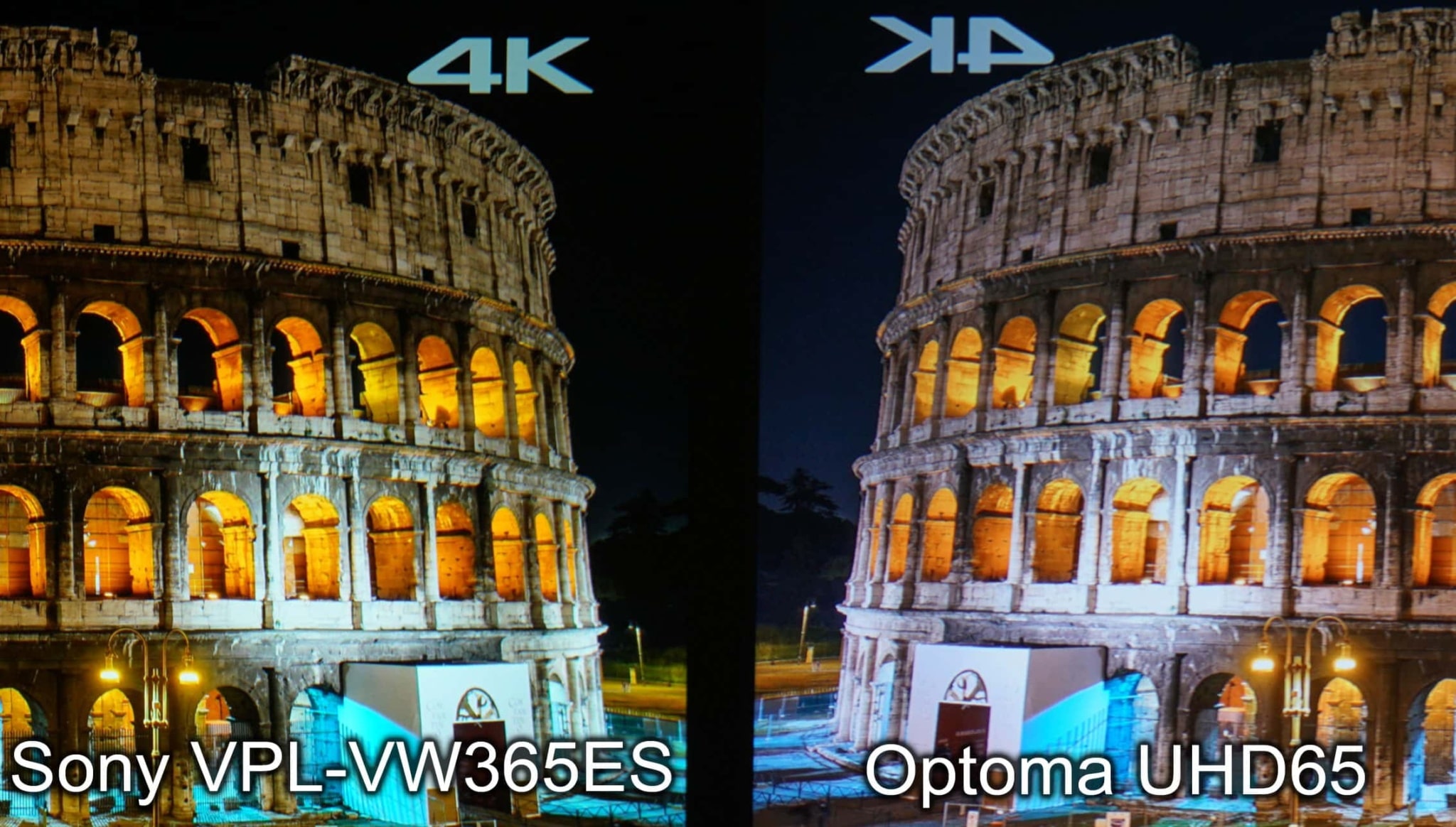 Sony VPL-VW365ES vs Optoma UHD65: Semi closeup. Slight tone variation is due to the presets of D6500K not being exactly equal. Still, the Optoma had great color overall. Notice the differences in blacks and intensity of highlights without losing color.