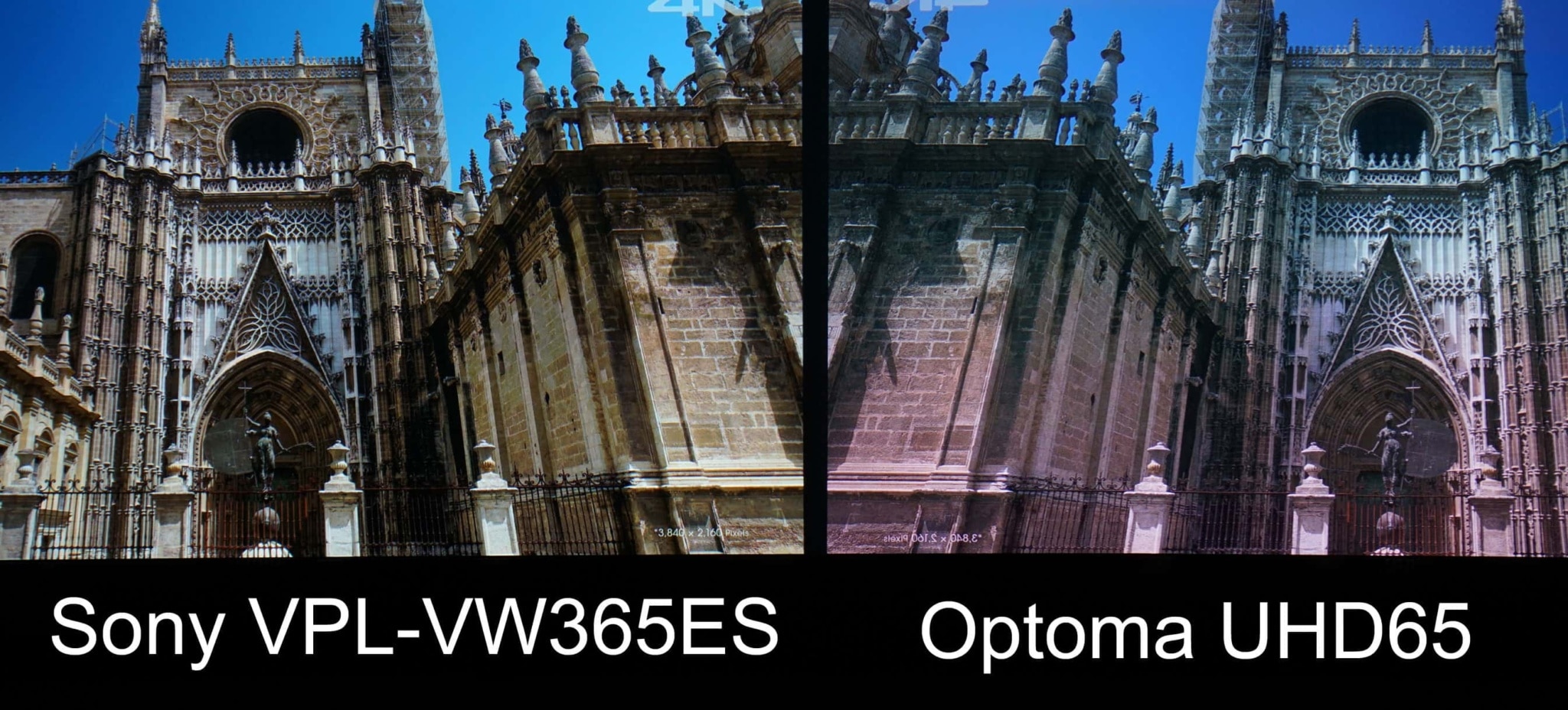 Side-by-side comparison of detail. Note: The camera shutter captured part of the color wheel cycle on the UHD65, which was not visible to the eye. Please disregard color difference in this image – it is used to evaluate detail only.