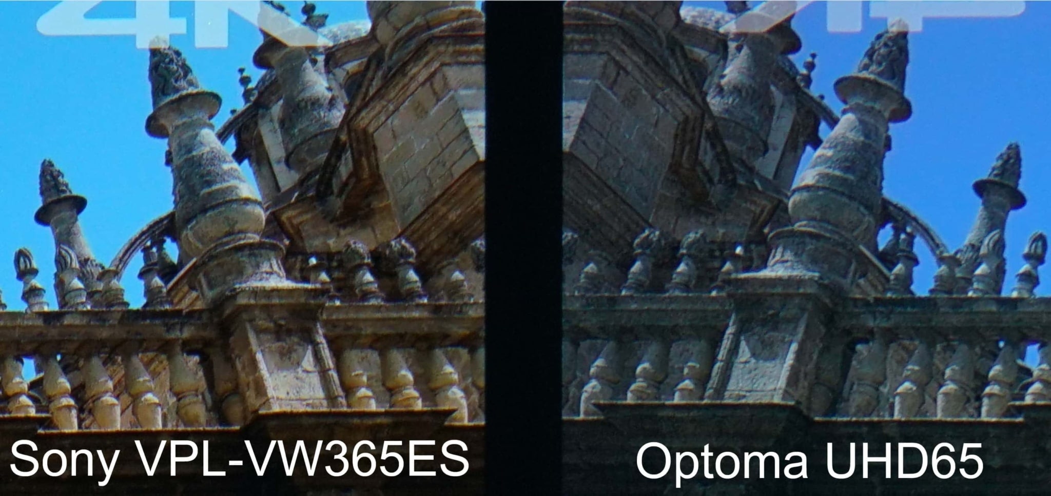 Sony VPL-VW365ES vs Optoma UHD65: Extreme closeup of above - notice how close the detail is in both 4K projectors . Again, disregard the color differences, but notice how close both 4K projector detail is.
