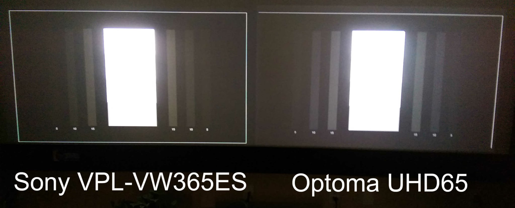 Sony VPL-VW365ES vs Optoma UHD65: After setting pluge and overexposing this image (causing loss of grayscale) differences in native black levels can be observed in this image.