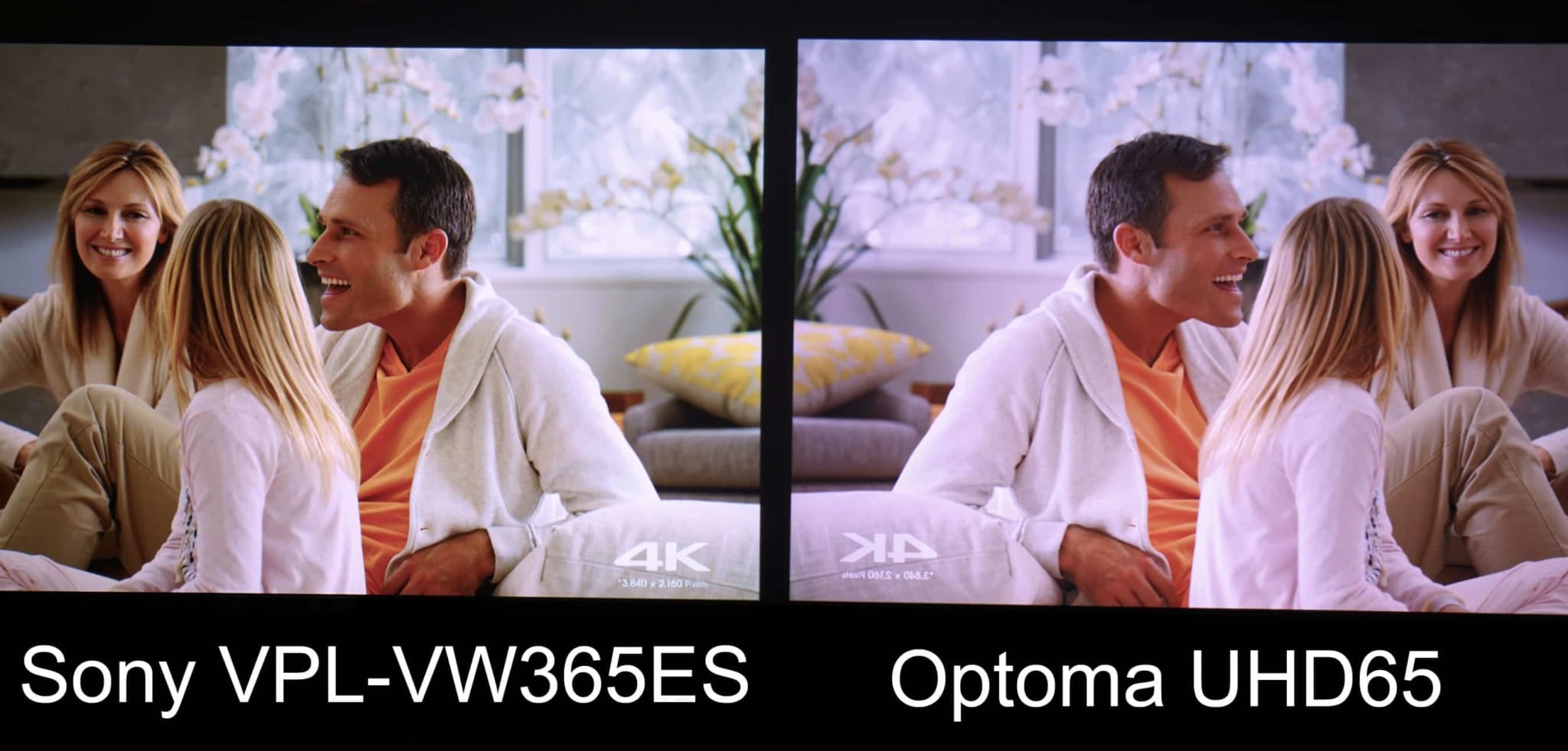 Sony VPL-VW365ES vs Optoma UHD65: Both the Sony on the left and the Optoma on the right did an excellent job on skin tones even though the preset D6500 degrees white balance settings did not match.
