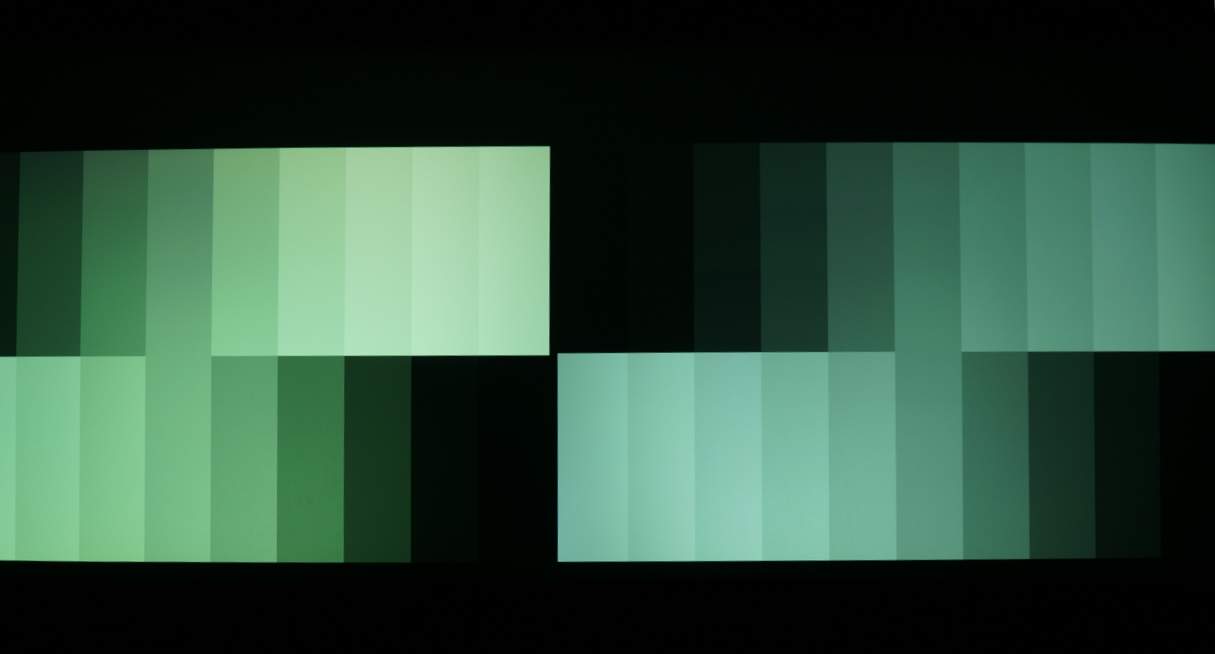 UHD60 is clearly brighter on the left, however the UHD65 is not as greenish/yellow. Both are noticeably green but bright.