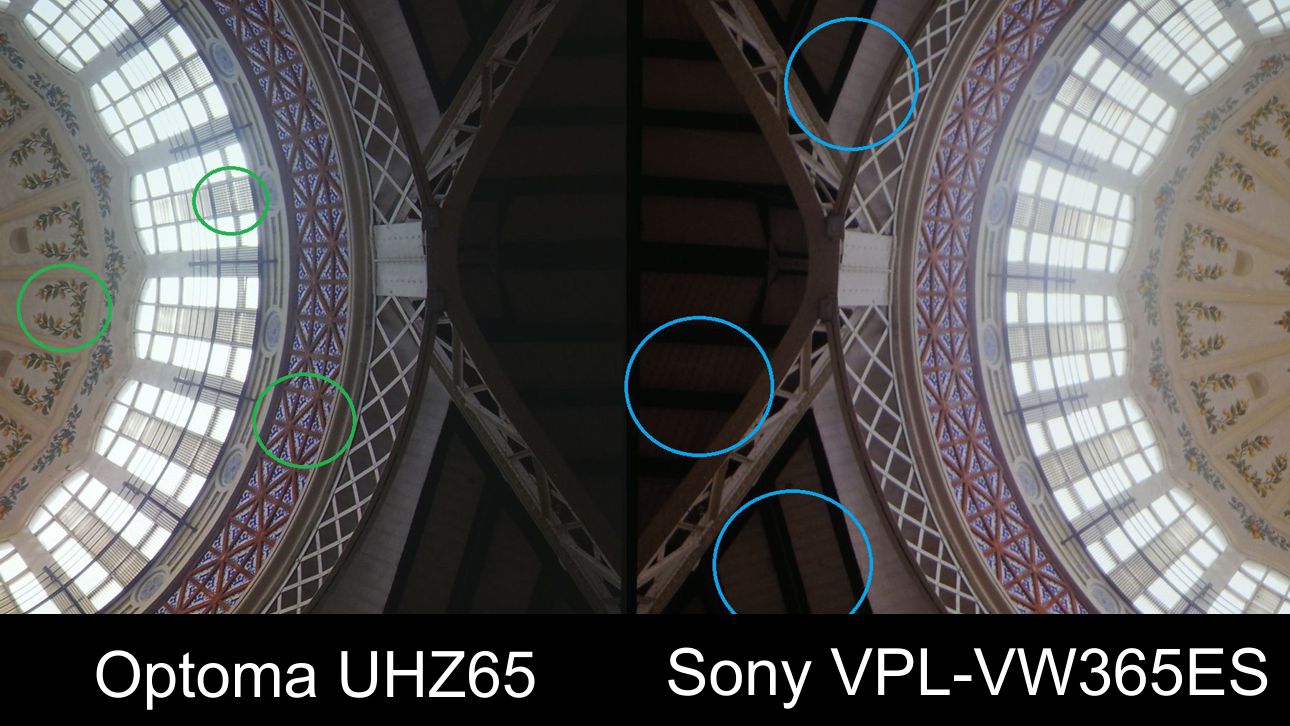 The areas in the green circles in the Optoma image clearly had better contrast, while the blue areas highlighted on the Sony image had better contrast in the darker areas. Look closely and you will see why this is so interesting to us. Note: Right image is flipped left to right for better comparison.