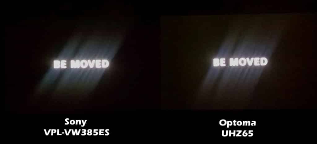 After with 385ES: Both the VPL-VW385ES and UHZ65 optimized for best black level. Both projectors show much improved black level with the Sony still edging out the Optoma at this mix of mostly-black and very-little image.