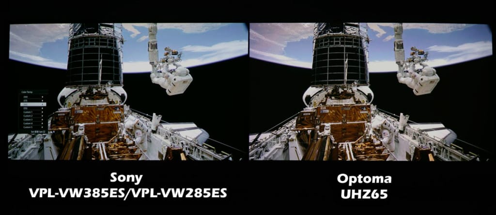 Here is a properly exposed scene with large black areas of space. This is the 385ES on the left with the UHZ65 on the right. When both projectors are set at optimum black levels by adjusting light source power, dynamic contrast settings (light source dimming), and contrast enhancer (electronic enhancement) settings, both projectors can produce very good contrast and black levels in most scenes.