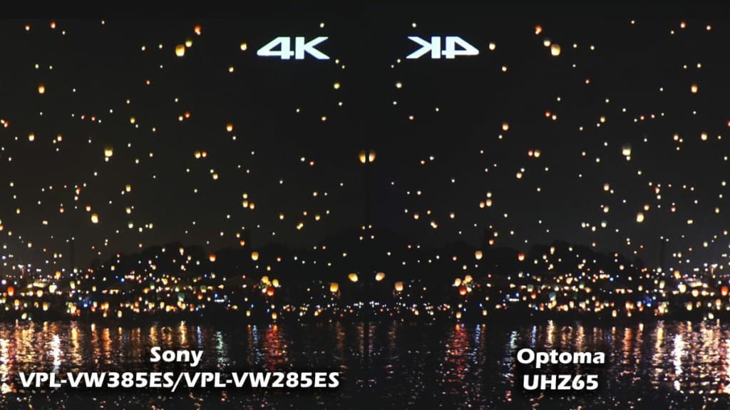 his image is slightly pushed to show black levels with slightly-zoomed-in crop. It is very impressive to see such completely different technologies both deliver such good contrast. VPL-385ES on left UHZ65 on the right. On this scene there was a slightly less black sky but still very close black on the 285ES which was too close to see any difference in a photograph.