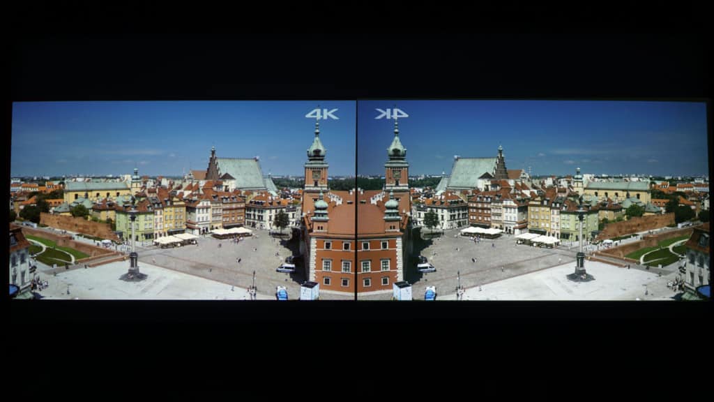 Side by side image of a very high resolution 4K image on both projectors. On the left is the Sony VPL-VW385ES with 3 SXRD refelective imagers, and on the right is the Optoma UHZ65 with a single DLP UHD imager.