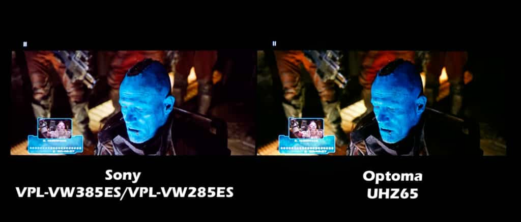 Here is HDR Content from Guardians of the Galaxy II, in a dark room and at sizes of about 150″. The Sony VPL-VW385ES, VPL-VW-285ES and Optoma UHZ65 projectors each gave an amazing (better than most commercial theaters) performance. Click on the image and look closely how they differ.They are different due to tone mapping and brightness capability. Hint: look at the illuminated flooring just to the left of Yondu’s head; also the red color just above his head.