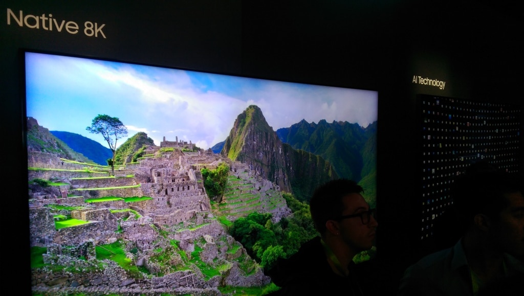 Samsungs 85″ 8K TV with AI demonstration on show floor, scheduled to be formally introduced this Spring.