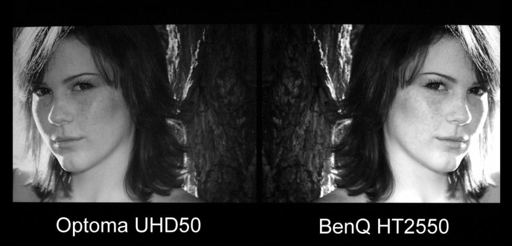 Here the brighter BenQ image on the right will attract the eye but the actual measured contrast takes into account the full range of light to dark and this still image does not show the real difference in the measured and viewed darker blacks on the actual screen. Note: Color was removed from this image to better show only the contrast differences.
