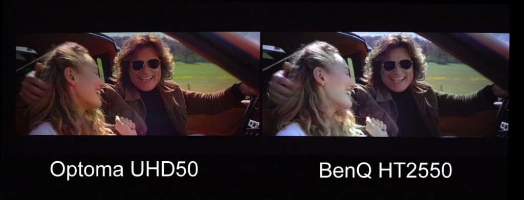 Here the tone mapping and display challenges can be clearly seen. Even though the BenQ, with its significantly brighter image, had the theoretical advantage, the human eye will always go to the higher contrast and higher quality color image, even before brightness. Interestingly, detail or resolution usually comes in last if the images are somewhat close. In this case the Optoma also has the detail advantage. Clip is from Guardians of the Galaxy II 4K HDR disc