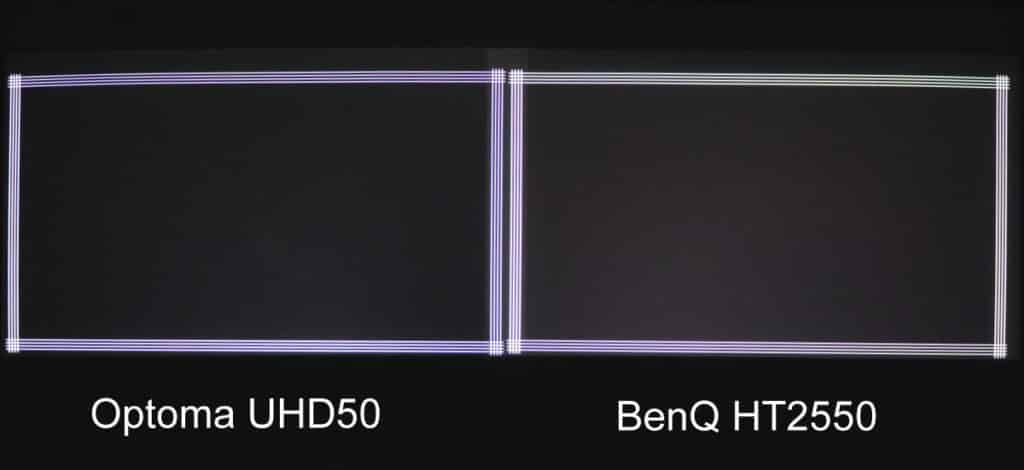 In our “Near Black” test the Optoma is again slightly darker than the BenQ. Neither white frame was dimmed from what we could determine.