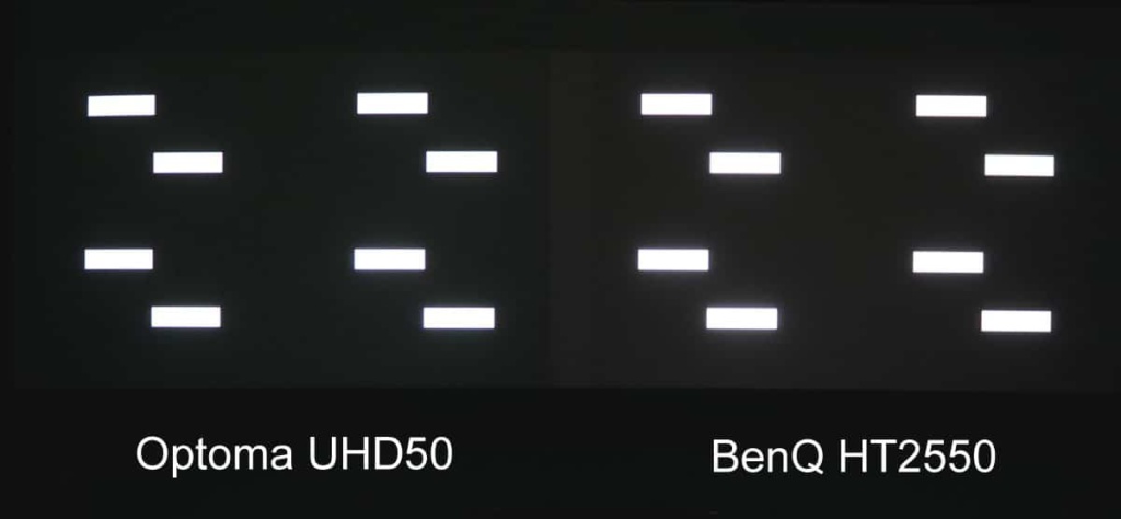 Black area on our “Semi Black” test on the right not quite as black, or “deep,” as the Optoma on the left. Note: Entire image is slightly over-exposed to show differences. You may need to adjust your monitor or display brightness control so you can see the difference.