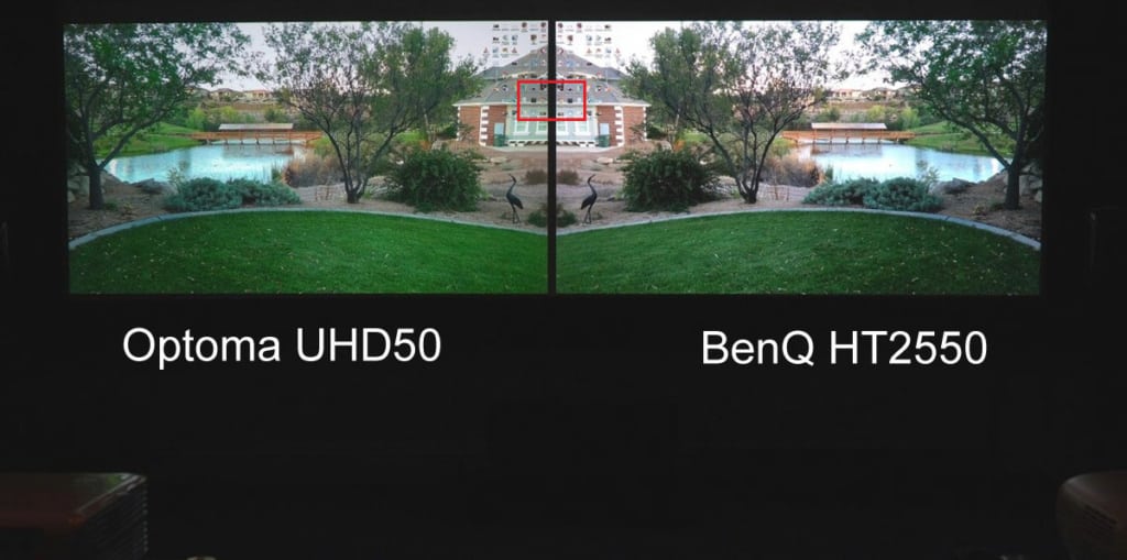 Native 4K computer signal fed into both projectors. At HD viewing distance of greater than about 3 times image height, both look reasonably sharp.