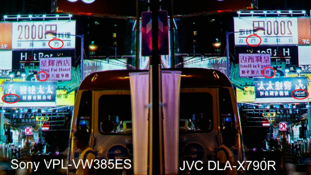 At a distance of less than 1 foot from the screen, it is possible to begin to see the very fine differences in actual detail. If you look closely in the circled areas you will see the differences in additional detail between native 4K and JVC’s 4K e-shift5 technology.