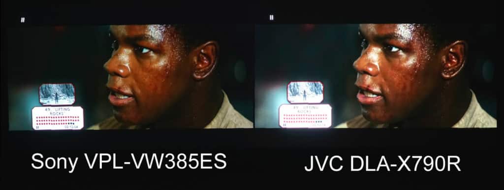 In this scene from “The Last Jedi” you can see the relative brightness difference in the projectors as well as some differences in their tone mapping. Note: The chapter identification is slightly over exposed due to the brightness difference picked up by the camera. Both images are very sharp.