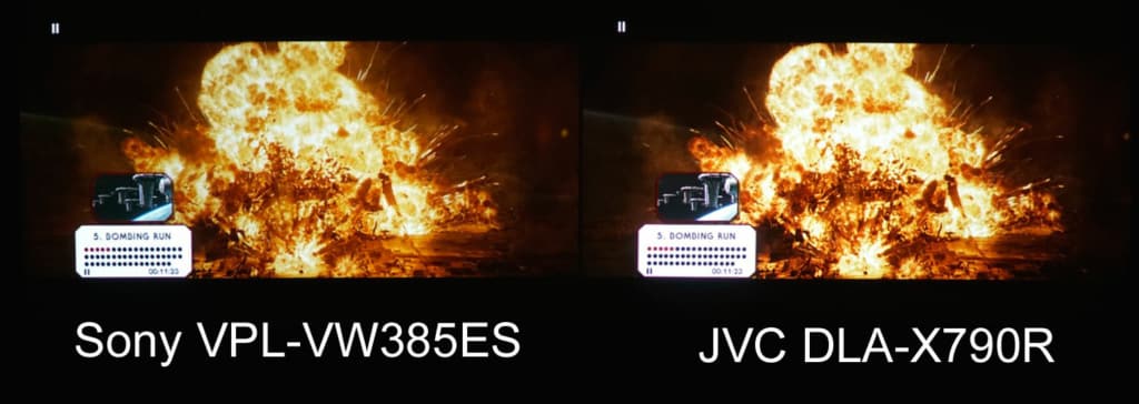 In this explosion, that pushes the max brightness of the projectors, you can see how the slightly better blacks of the JVC give the image more depth while the Sony tone mapping gives slightly more detail in the highlights