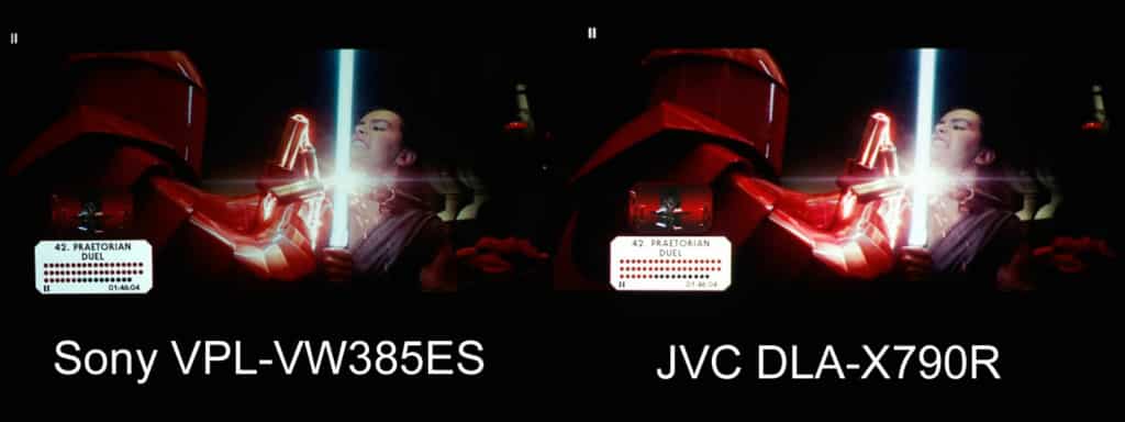 this example, the Sony is choosing to map conservatively so more details in the bright areas are seen while the JVC chooses to use its brighter capability to make impressive dynamic range.