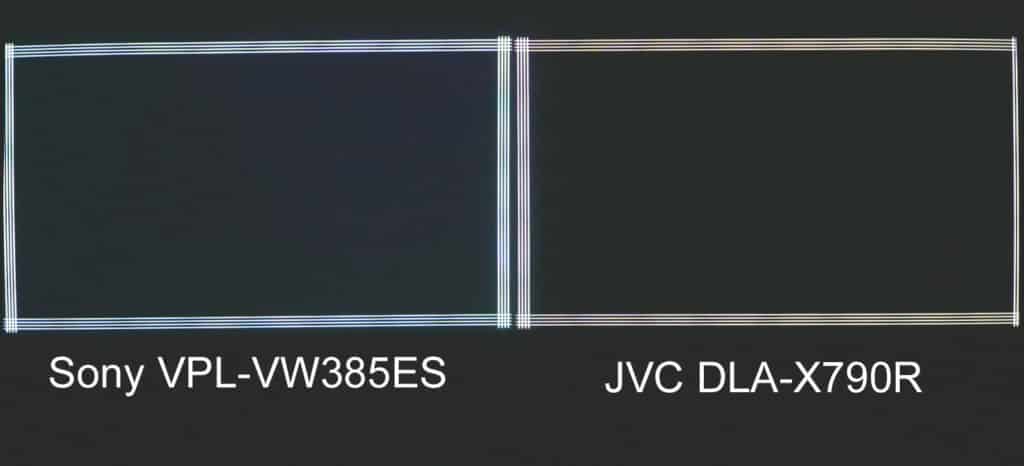 “Near black” with thin white lines requires the projector to open its iris to be able to display the fine frame. Look closely and you will see that the JVC again comes out as having the deeper blacks.