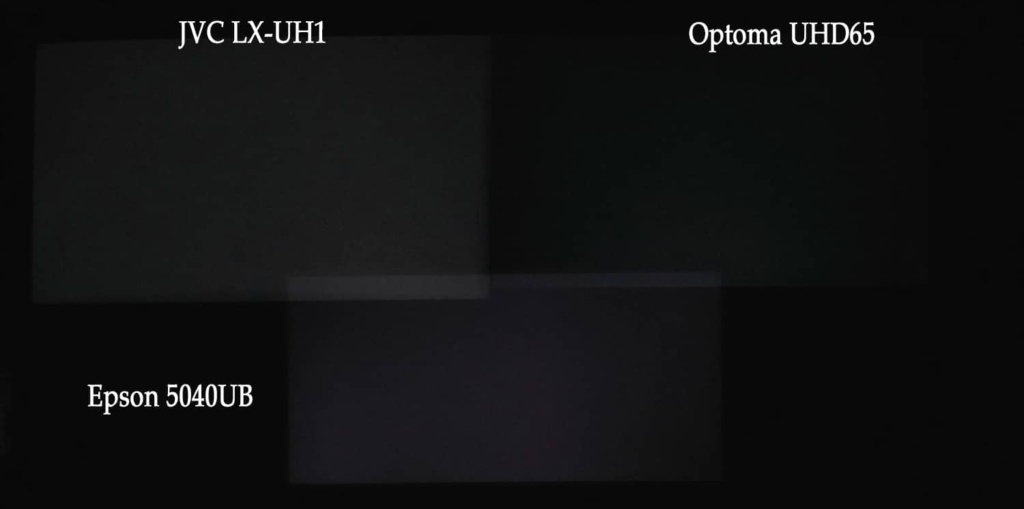 Notice the overlap areas in the center where the JVC wide grey boarder and a little of the Optoma and Epson overlap. The areas in the center should be used to evaluate blacks.