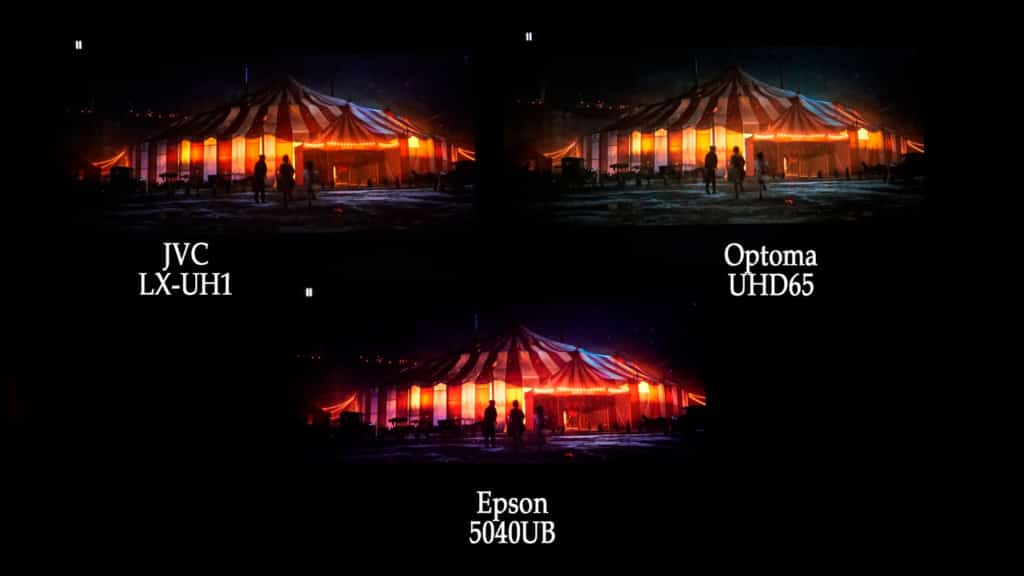 In this HDR scene (again from “The Greatest Showman” we really like the color and brightness of the Epson. If you look closely however, you will see some advantages of some characteristics of HDR in each projector.