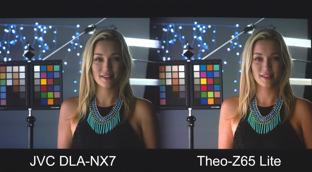 Reference 4K HDR skin tone image from the HDR-10 disc. Here you can see the results of our raised mid tones both in the skin tones and also in the color checker color chart behind the model. JVC on the left is in “Auto,” and the Theo on the right is in “Film” HDR brightness mode. This is also why we do a “Balance” type of calibration and exceed the P3 standard. The downside of our tone mapping is it will start to clip at an earlier level than the JVC as shown below.