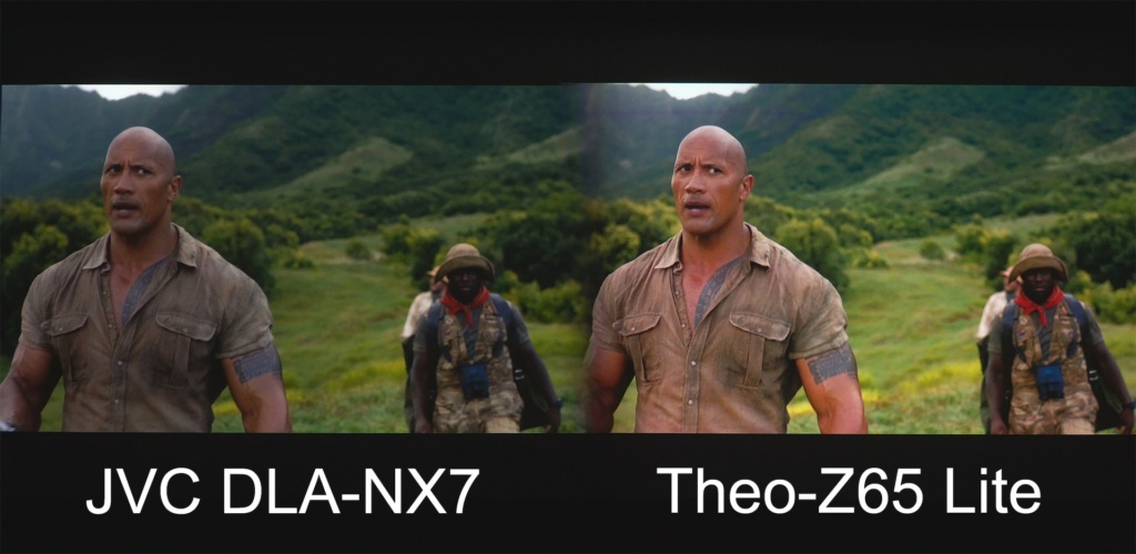 Image from Jumanji: Welcome to the Jungle, again JVC on left in “auto,” Theo in standard.