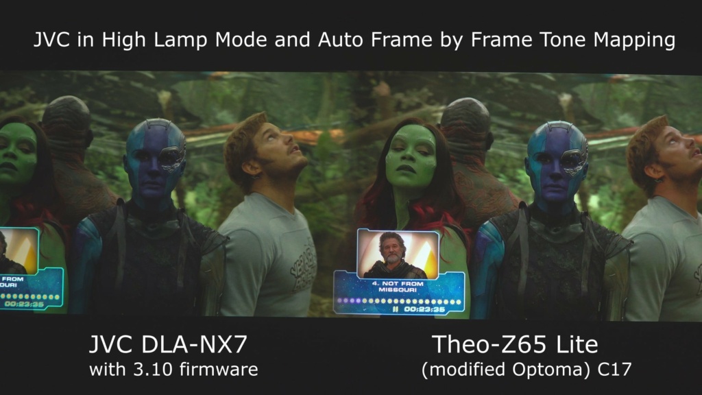 Image from Guardians of the Galaxy II as captured by the 4K video capture. Notice highlight clipping in the chapter image. The camera and the 4K codec compression cannot show all that we see in person.