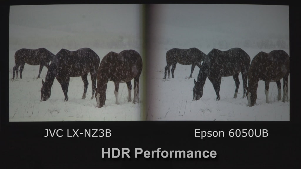 HDR test at 1,000 nits. Here the JVC, using its auto tone mapping, does a slightly better job of the trees in the background than the Epson.