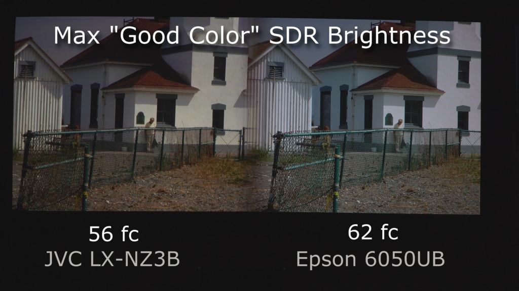 Here, the JVC is in the “Variable High Natural” mode, and the Epson in “Bright Cinema High” mode. They are very close in brightness and both have good color (but slightly different); white temperatures are slightly different without calibration in the SDR mode. The Epson is a little more blue (cool) and the JVC is a little more yellow (warm).