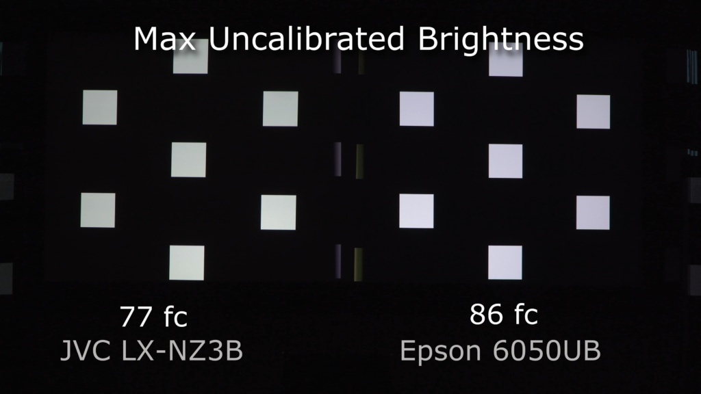Here, with both projectors in their brightest and non-HDR mode, surprisingly, the Epson (rated 400 lumens less than the JVC) was actually brighter than the JVC. This mode would normally only be used in a bright “lights on” environment due to the less color accurate images.