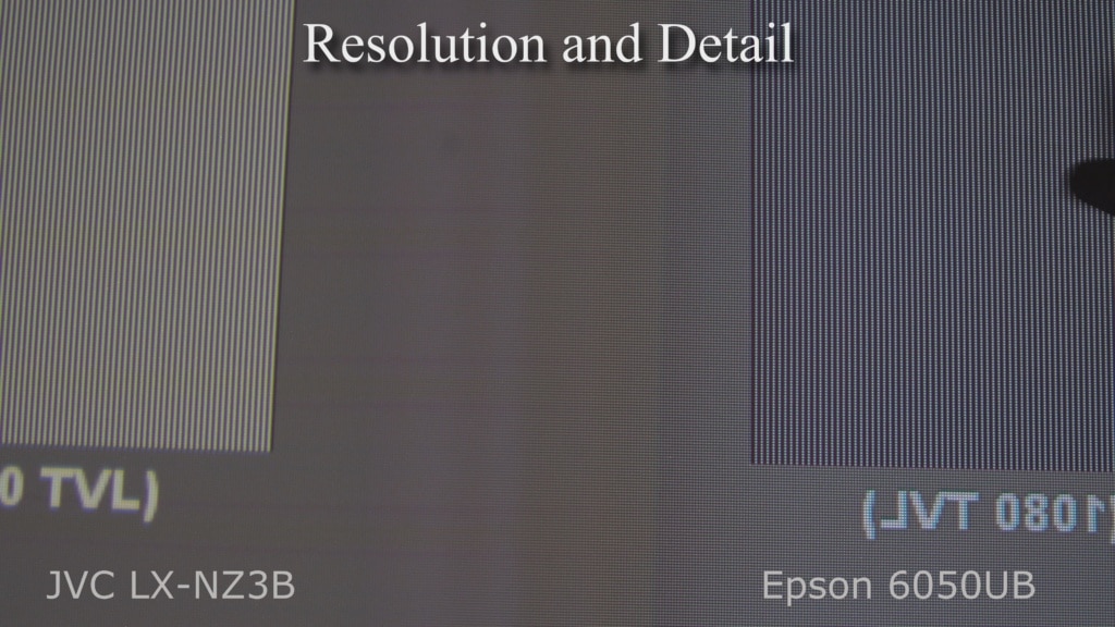 Both projectors with their 4K shift disabled. Somewhat different, but both very good. Pixels are visible in the lettering of TVL on both. Note: The Epson image is reversed so both images can be seen close up on the same part of the image.